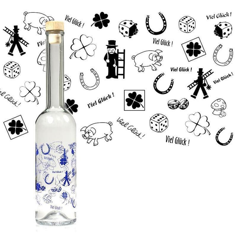 Glazen fles 'Opera', 500 ml, motief: Veel geluk, monding: kurk