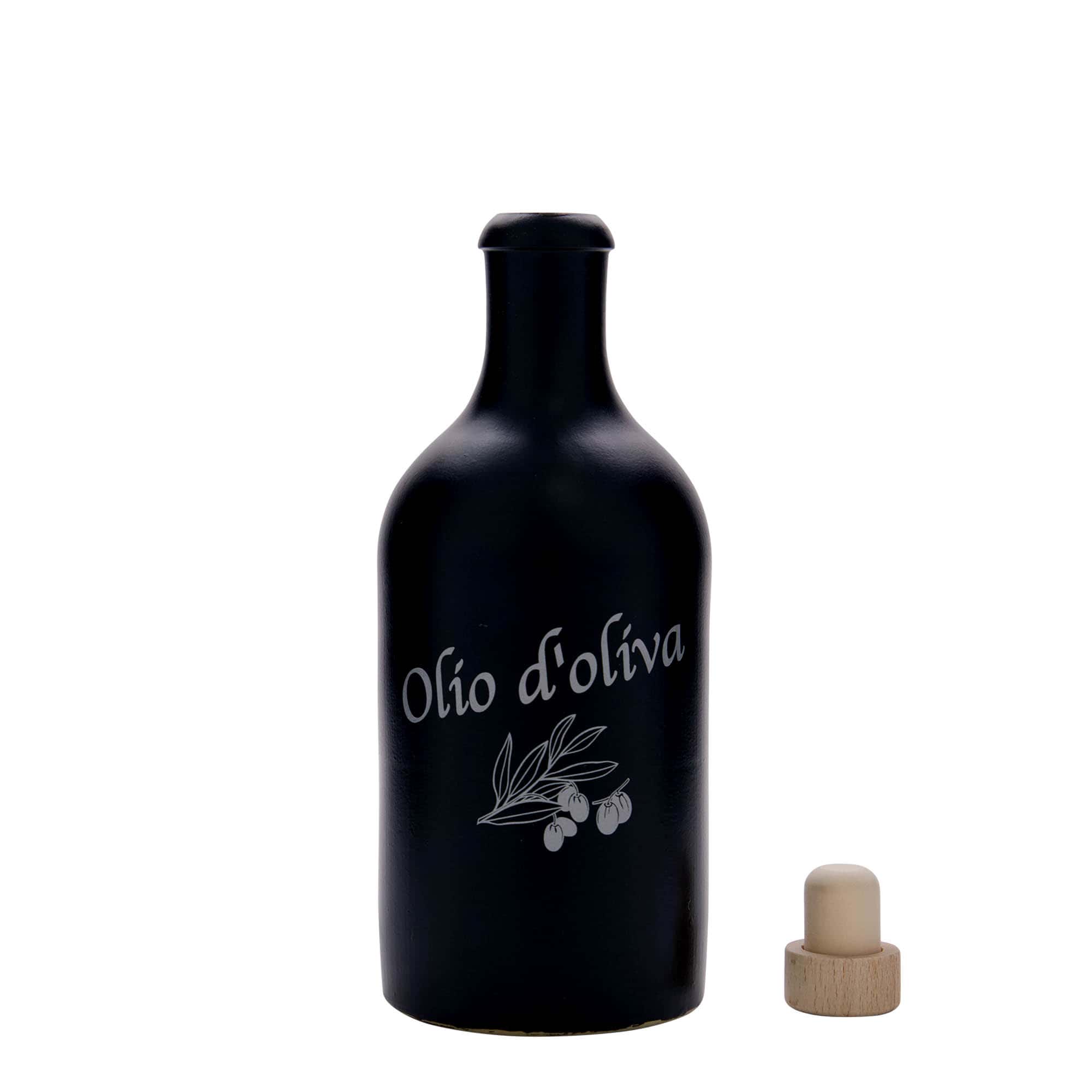 Keramische kruik, 500 ml, motief: Olio d'Oliva, steengoed, zwart, monding: kurk
