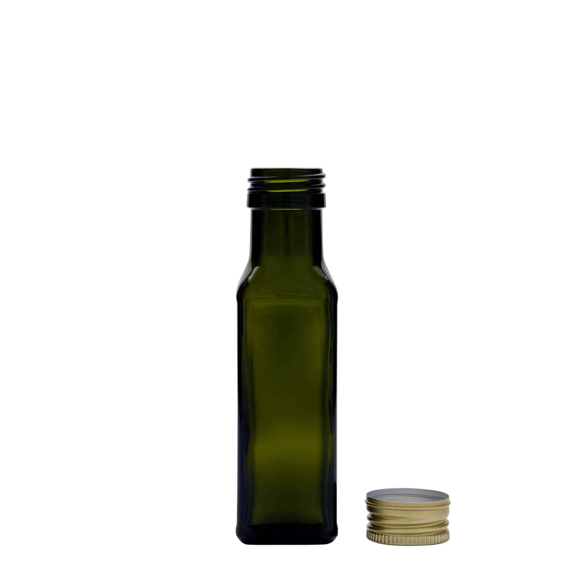 Glazen fles 'Marasca', 100 ml, vierkant, antiekgroen, monding: PP 31,5