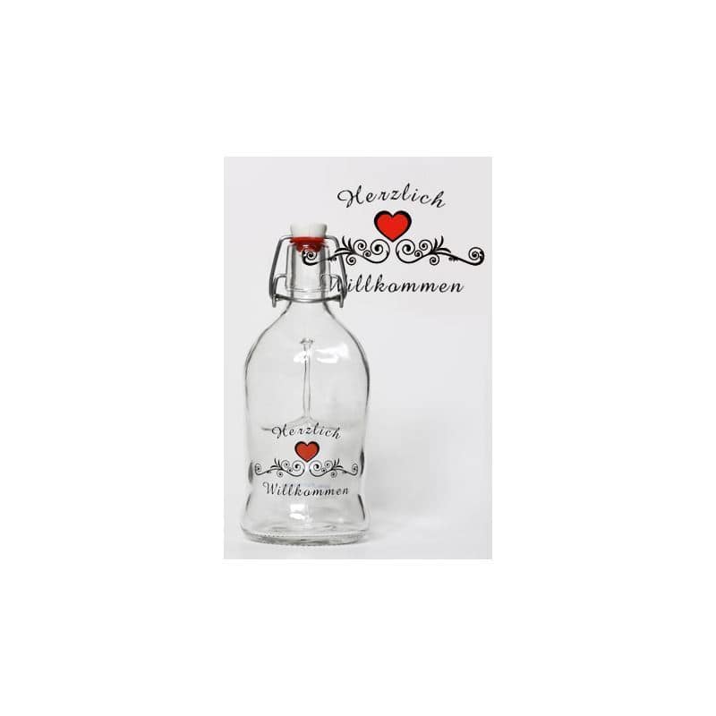 Glazen fles 'Classica', 200 ml, motief: Hartelijk welkom, monding: beugelsluiting