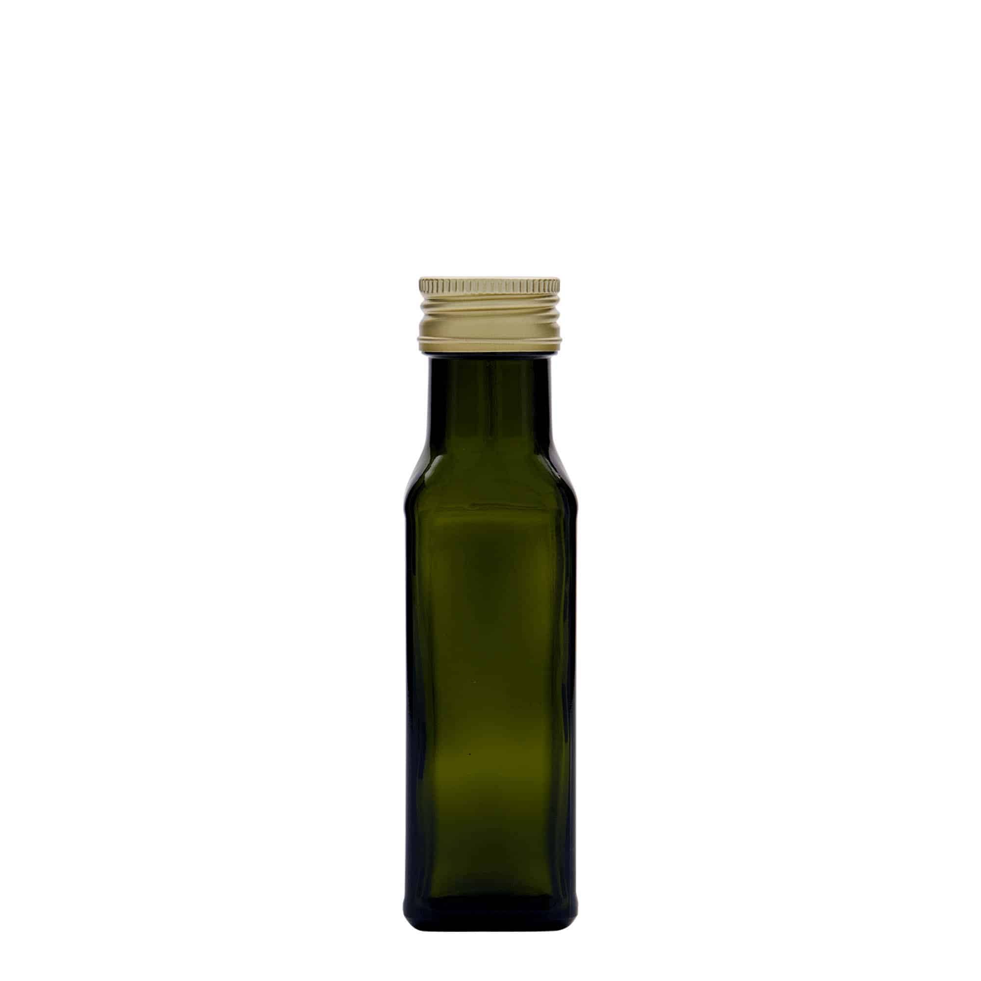 Glazen fles 'Marasca', 100 ml, vierkant, antiekgroen, monding: PP 31,5