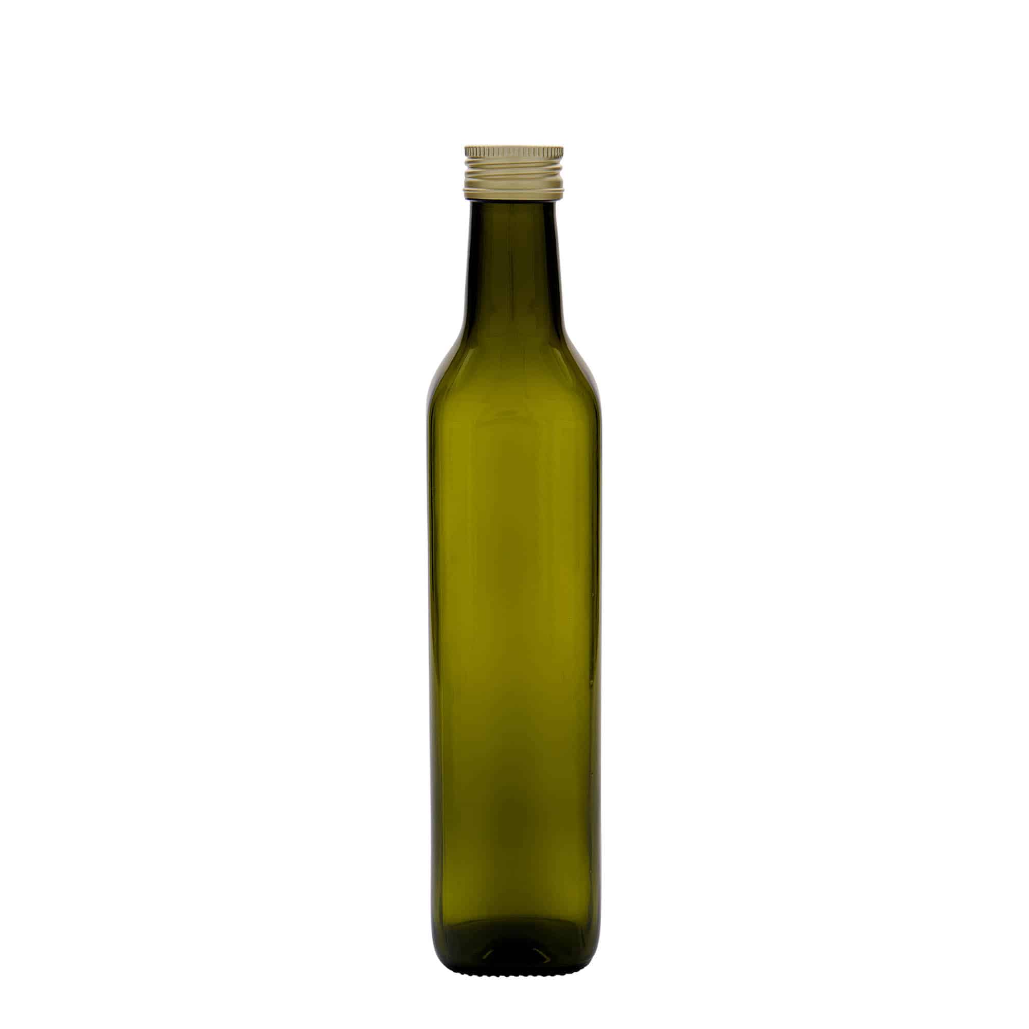 Glazen fles 'Marasca', 500 ml, vierkant, antiekgroen, monding: PP 31,5