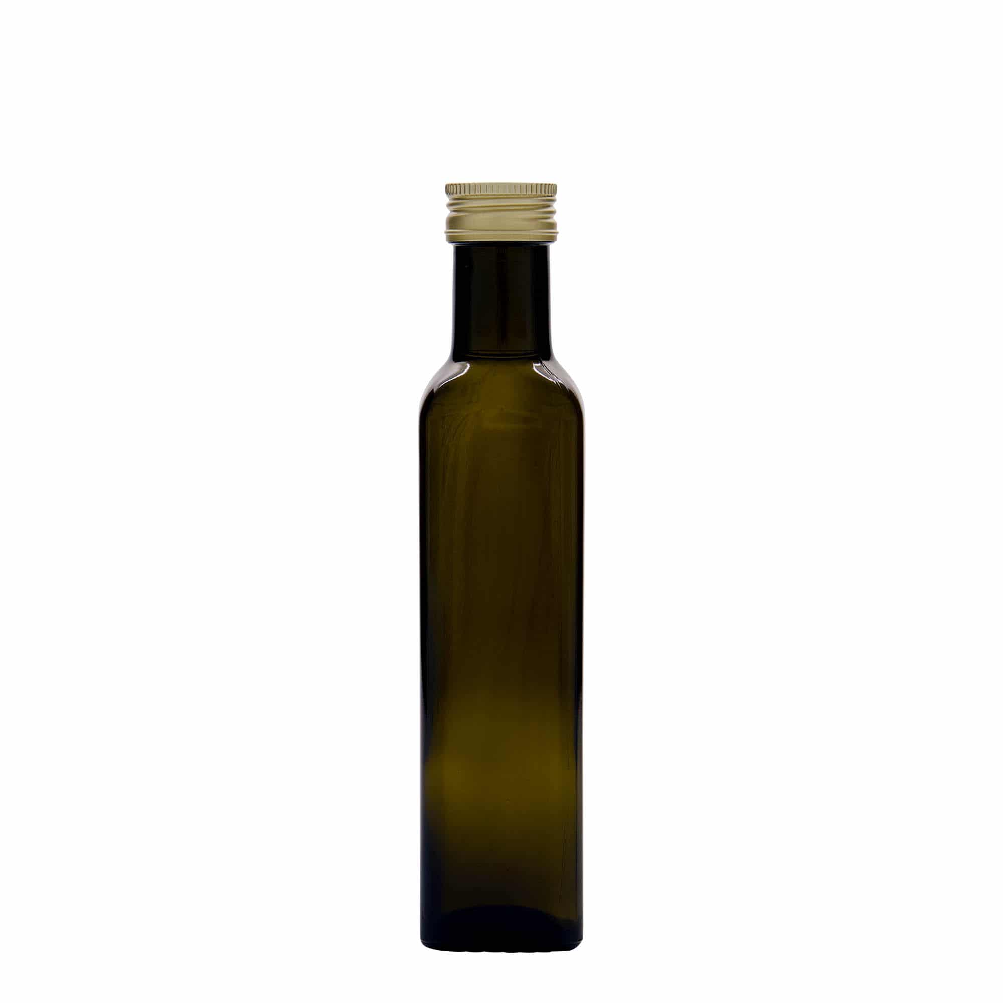 Glazen fles 'Marasca', 250 ml, vierkant, antiekgroen, monding: PP 31,5