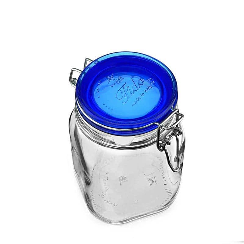 Pot met beugelsluiting 'Fido' Blue Top, 1000 ml, vierkant, monding: beugelsluiting