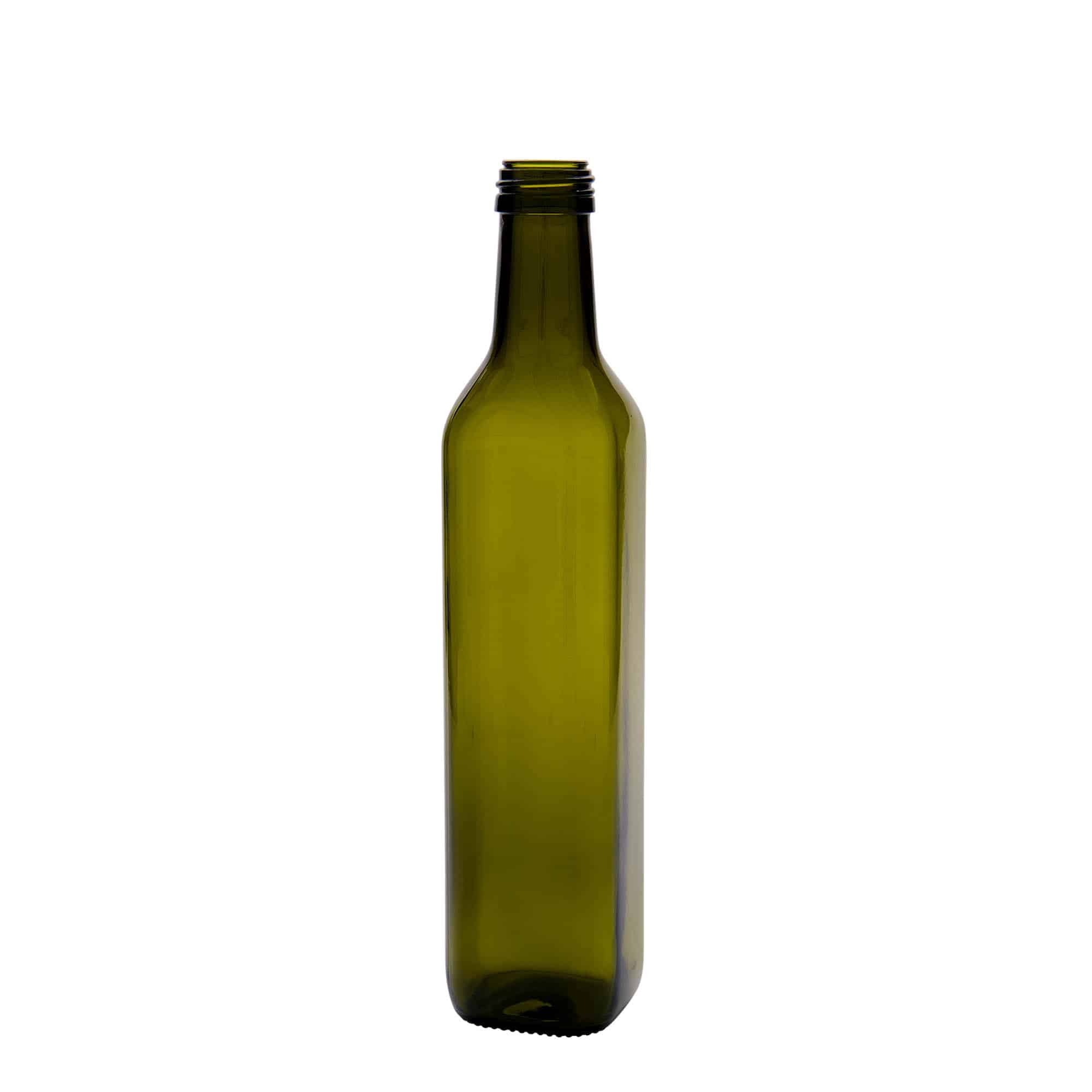 Glazen fles 'Marasca', 500 ml, vierkant, antiekgroen, monding: PP 31,5