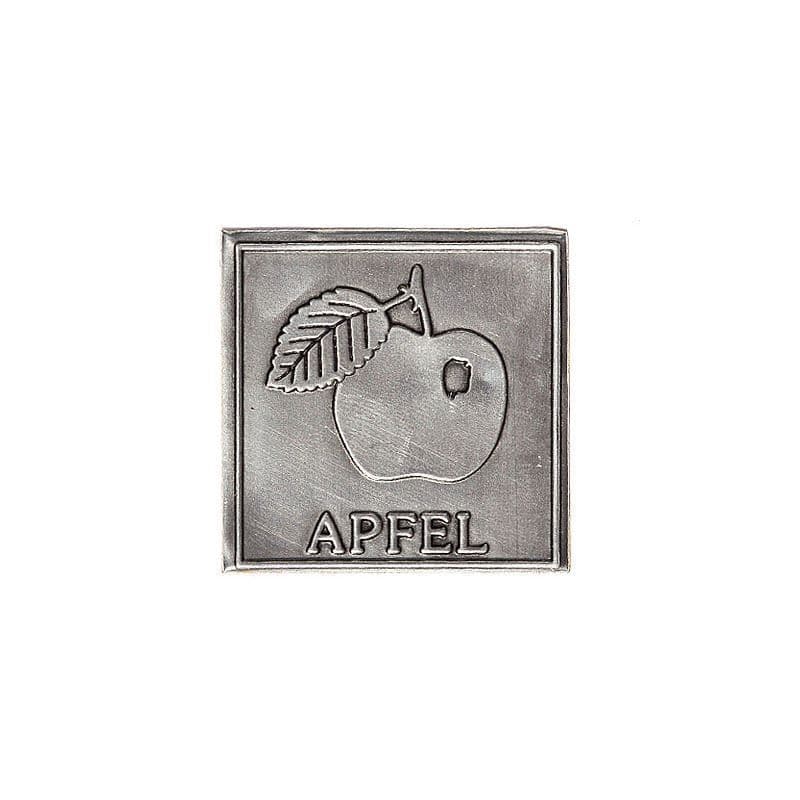 Tinnen etiket 'Appel', vierkant, metaal, zilver