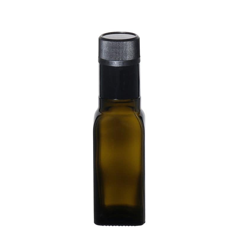Azijn-/oliefles 'Quadra', 100 ml, glas, vierkant, antiekgroen, monding: DOP